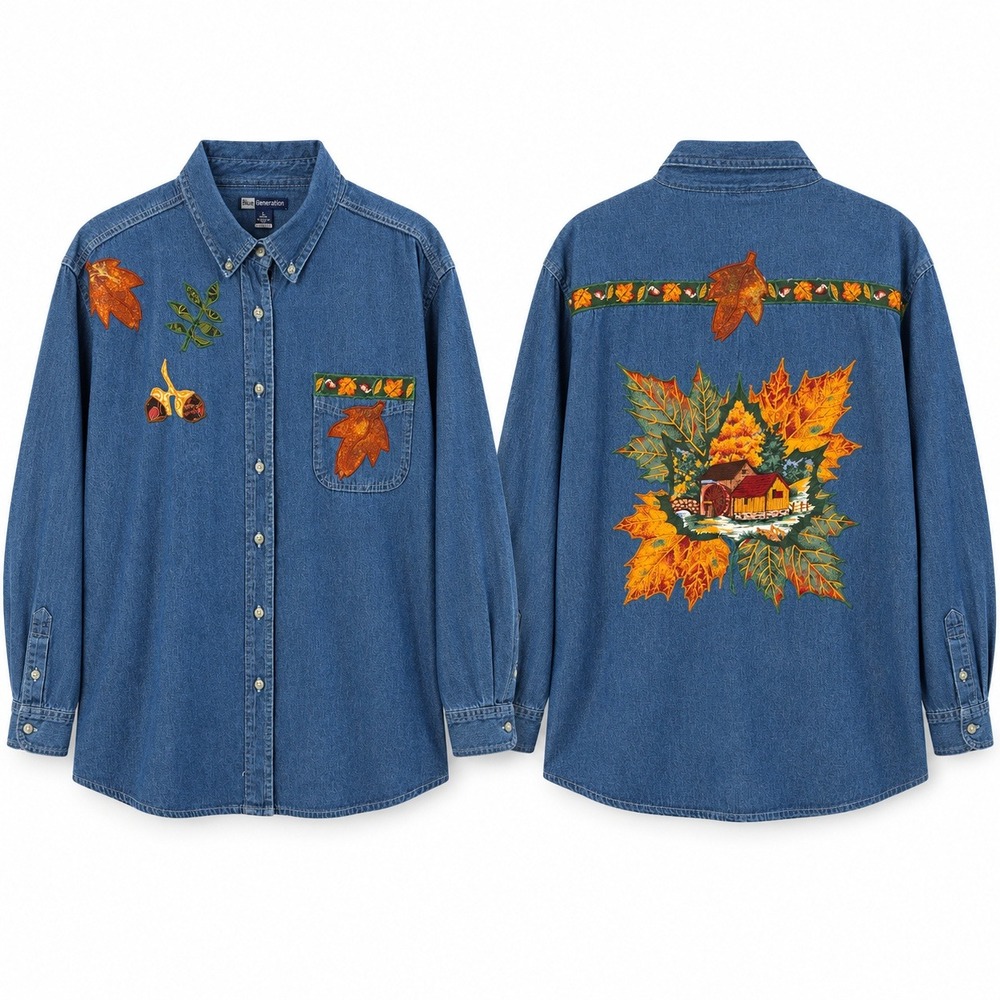 Cottagecore Autumn Leaf Embroidery Denim Button Shirt Blue Women L Nature Fall